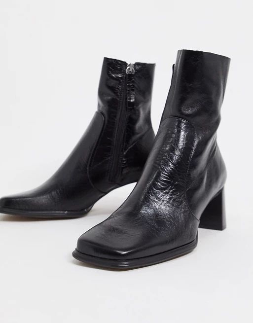 ASOS DESIGN Roisin premium leather square toe boots in black | ASOS (Global)