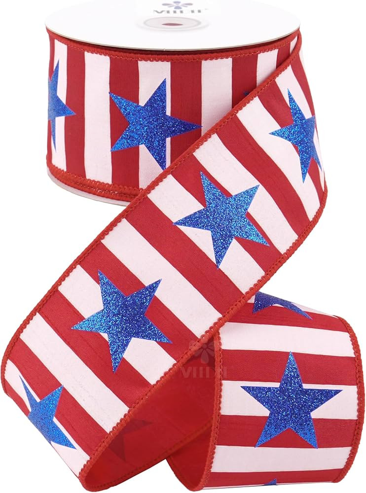 MEEDEE 2.5" Patriotic Dupioni Wired Ribbon \u2013 10 Yards Red White Striped Ribbon with Blue Gli... | Amazon (US)