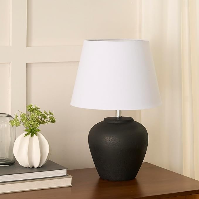 Nourison Home 20" Black Matte Ceramic Table Lamp with Fabric Shade, Bedside Nightstand Lamp for B... | Amazon (US)