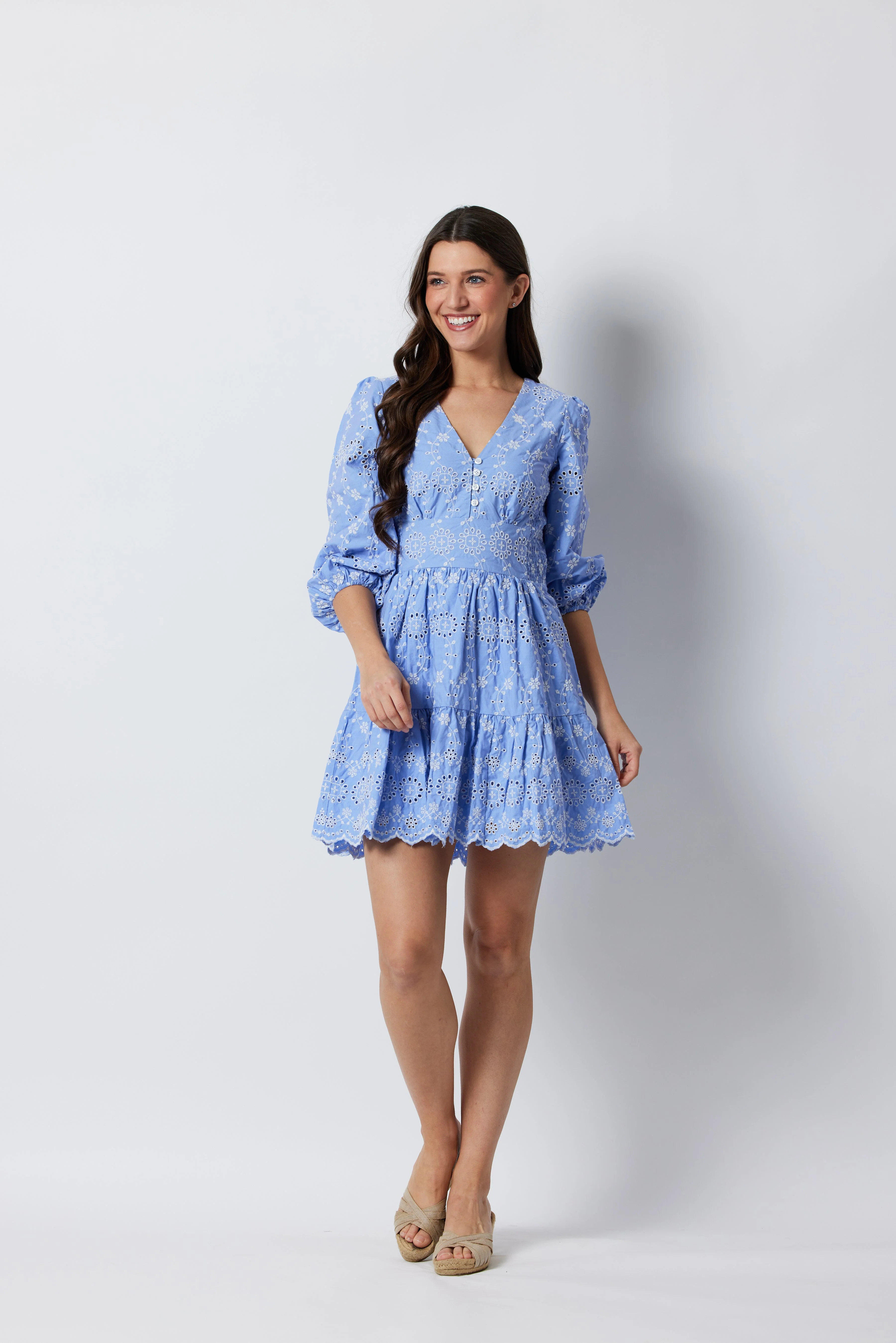 Hydrangea Eyelet V-Neck Button Front Dress | Sail to Sable