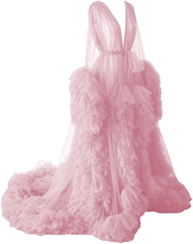 Tianzhihe Tulle Robe for Maternity Photoshoot Dress Puffy Ruffles Bridal Lingerie Pregnancy Baby Shower Dress Maternity Gown for Photoshoot Dusty Pink Large-X Large | Amazon (US)