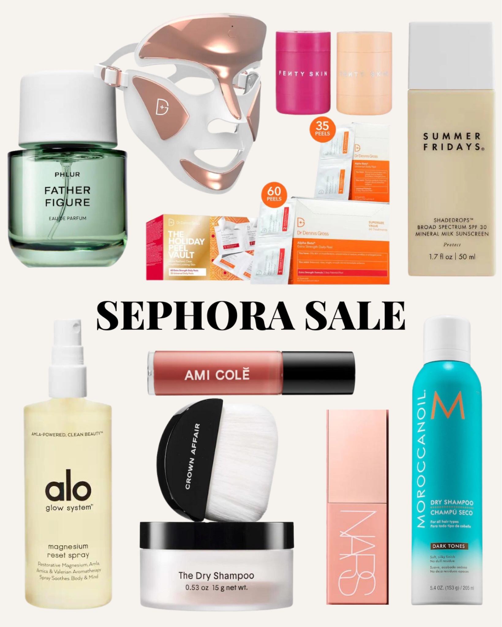 Sephora sale recommendations 
Phlur Father Figure Fragrance, Summer Friday SPF, Crown Affair Dry Shampoo, Alo Magnesium Spray, NARS Afterglow Liquid Blush, Dr Dennis Gross LED Mask, Fenty Skin Lip Mask

#LTKHolidaySale #LTKbeauty
