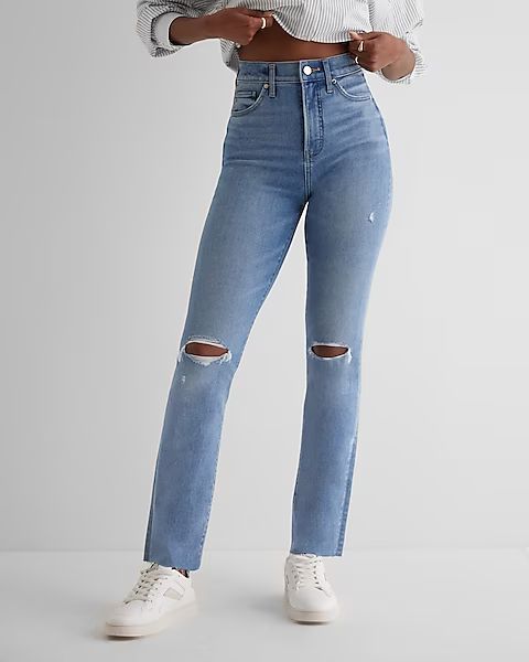 Super High Waisted Medium Wash Ripped 90s Slim Jeans | Express