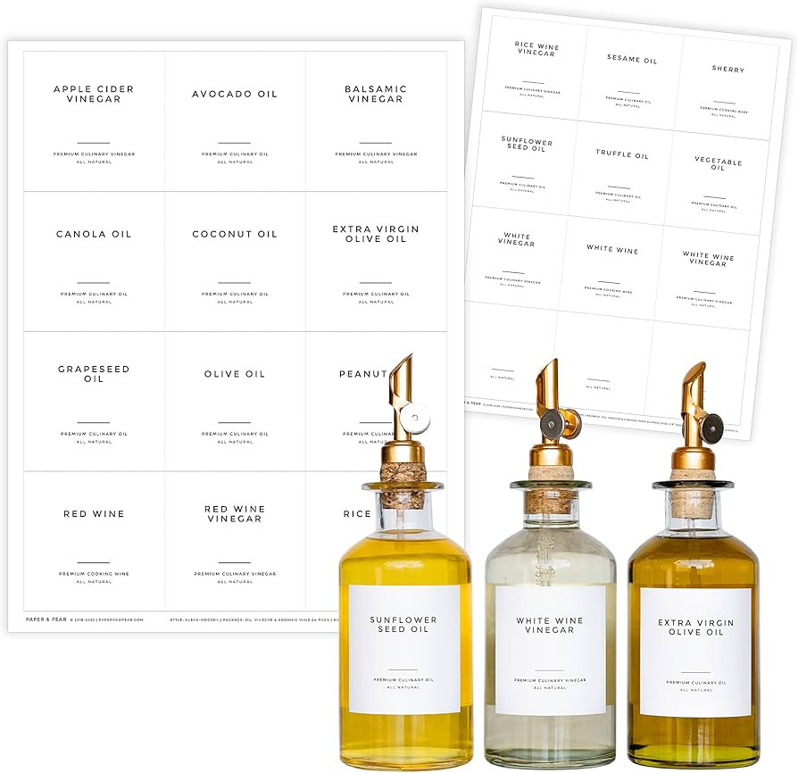 Clean-Modern White Oil & Vinegar Kitchen Labels for Containers by Paper & Pear - Square Waterproo... | Amazon (US)