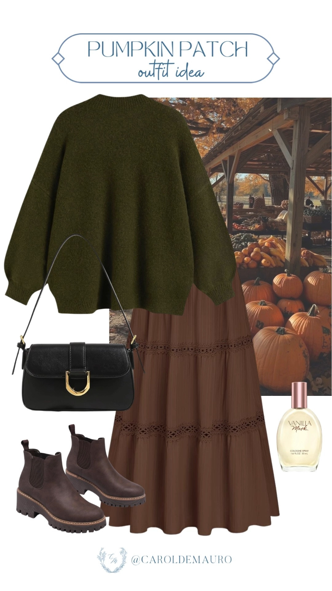 An olive sweater and brown tiered maxi skirt make the perfect pumpkin patch outfit. Cozy, flowy, and so easy to move in.

fall outfit idea, women's fall fashion, autumn outfit inspo, cozy fall style, petite fashion, skirt and sweater outfit