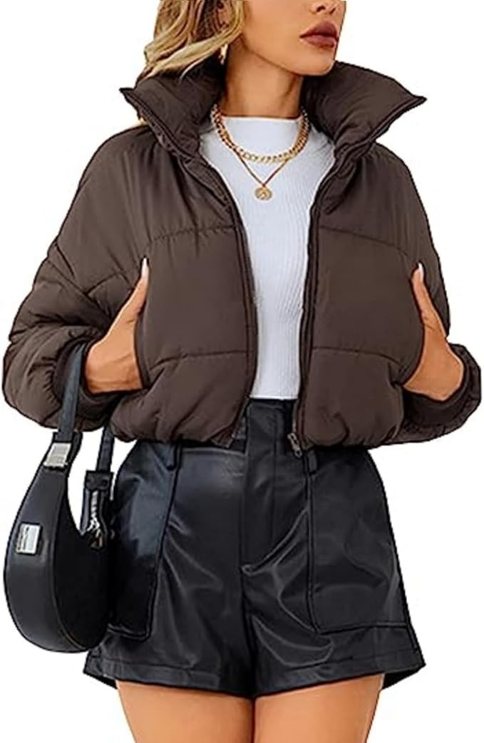 OPCAKM Women's Warm Cropped Quilted Jackets Stand Collar Zipper Down Puffer Lightweight Bubble Co... | Amazon (US)