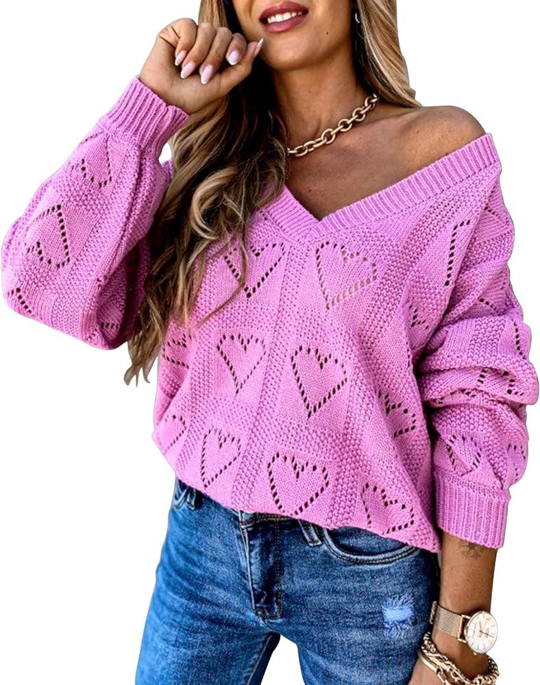 EXLURA Women's V-Neck Hollow Out Sweater Hearts Printed Knitted Pullovers Loose Oversized Solid Colo | Amazon (US)