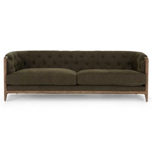 Khloe Mid Century Modern Green Performance Brown Wood Tufted Sofa - 90"W | Kathy Kuo Home