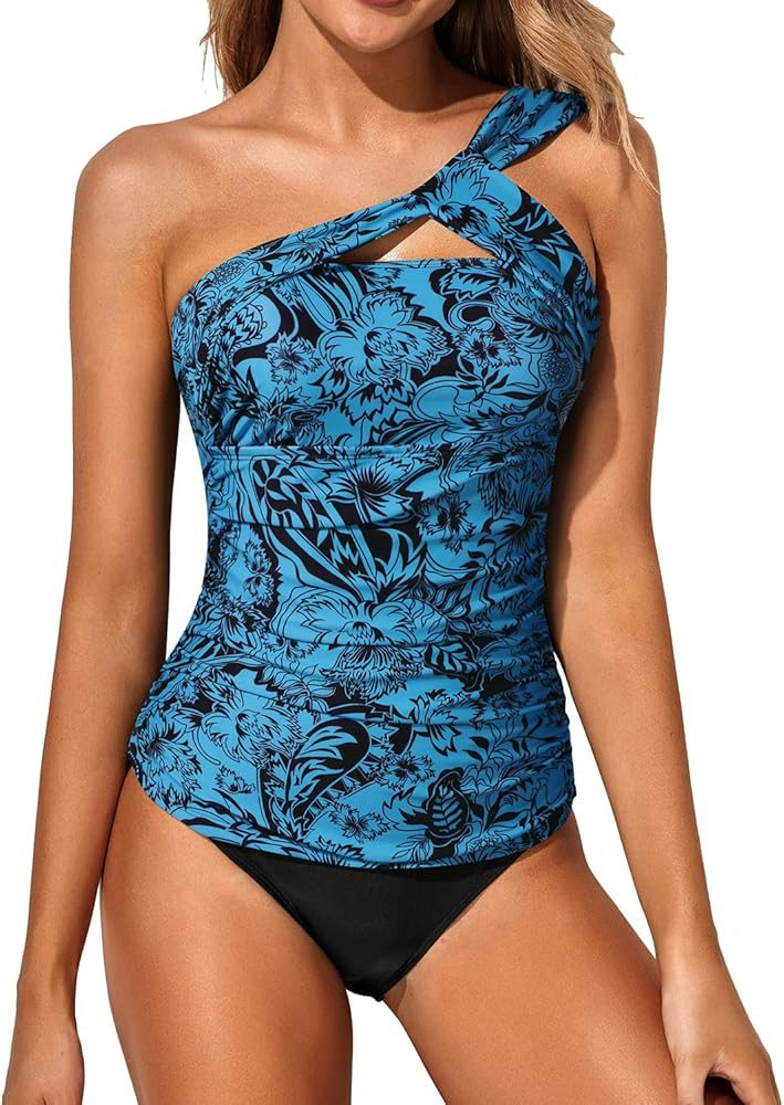 Tempt Me Two Piece Tankini Bathing Suits for Women One Shoulder Swim Top with Bottom Swimsuits | Amazon (US)