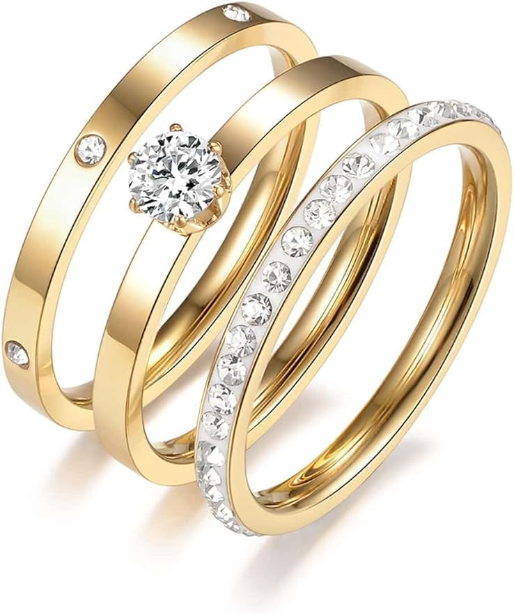 DwearBeauty Stainless Steel Stacking Tiny 3 Rings Set for Women，Cubic Zirconia Statement Ring S... | Amazon (CA)
