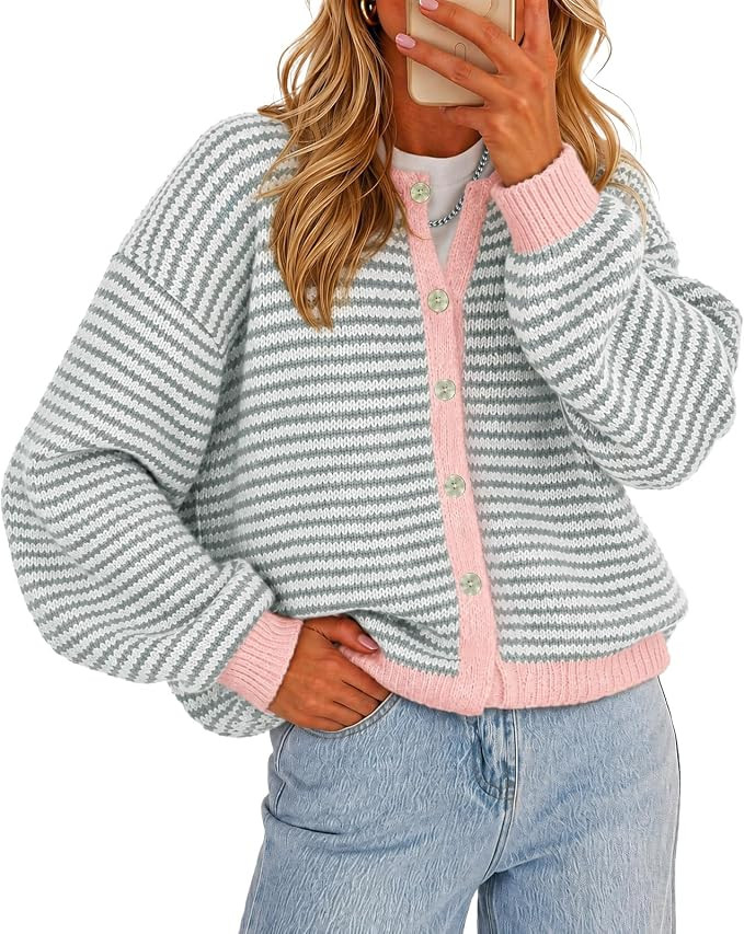Cicy Bell Womens Striped Cardigan Sweaters Puff Long Sleeve Button Down Color Block Casual Knit T... | Amazon (US)