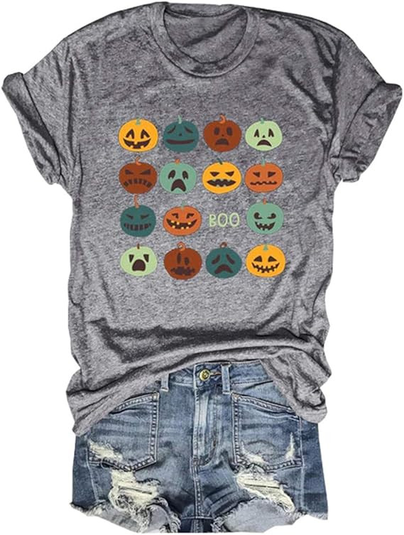EIGIAGWNG Womens Fall Pumpkin T-Shirts Funny Short Sleeve Halloween Graphic Tees Tops | Amazon (US)