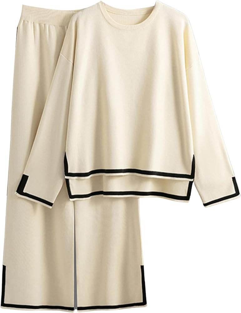 SeekMe 2 Piece Outfits for Women Fall Sweater Set Knit Pullover Top Wide Leg Pants Vacation Loung... | Amazon (US)