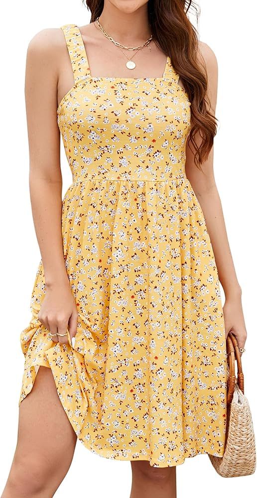 Naggoo Women's Summer Sundress Sleeveless Square Neck Dress High Waist A Line Short Dress | Amazon (US)
