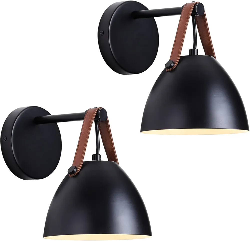 Black Leather Wall Sconce Set of Two,Modern Sconces Light Fixtures Hardwired With Metal Shade,Ind... | Amazon (US)