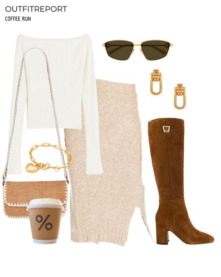 Coffee run outfit knit midi skirt brown knee high boots white sweater top and handbag 

#LTKshoecrush #LTKitbag #LTKstyletip