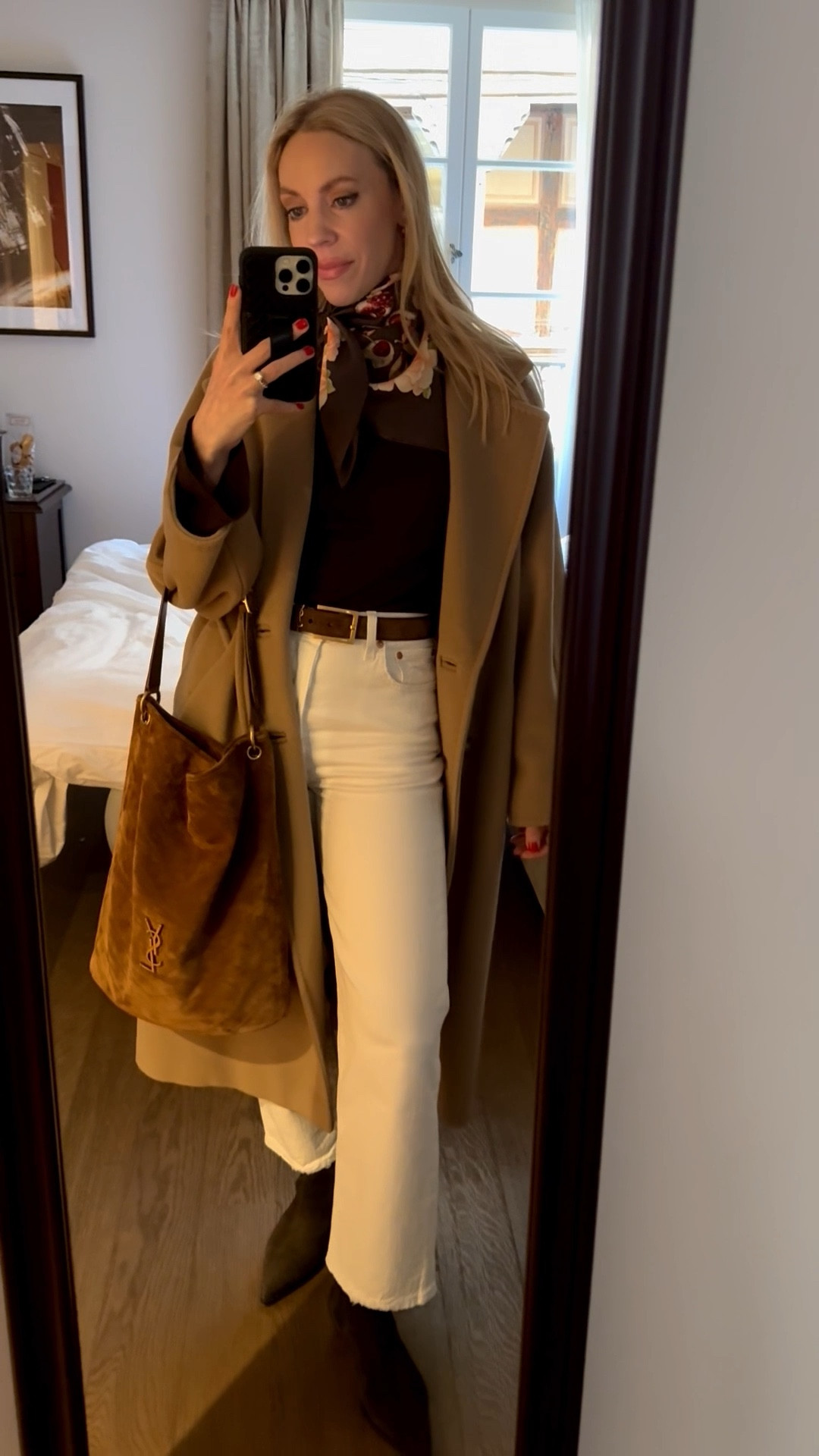 Spring outfit, travel style, camel coat, silk scarf, @Levi's white ankle jeans, suede YSL bucket bag

#LTKSeasonal #LTKOver40 #LTKTravel