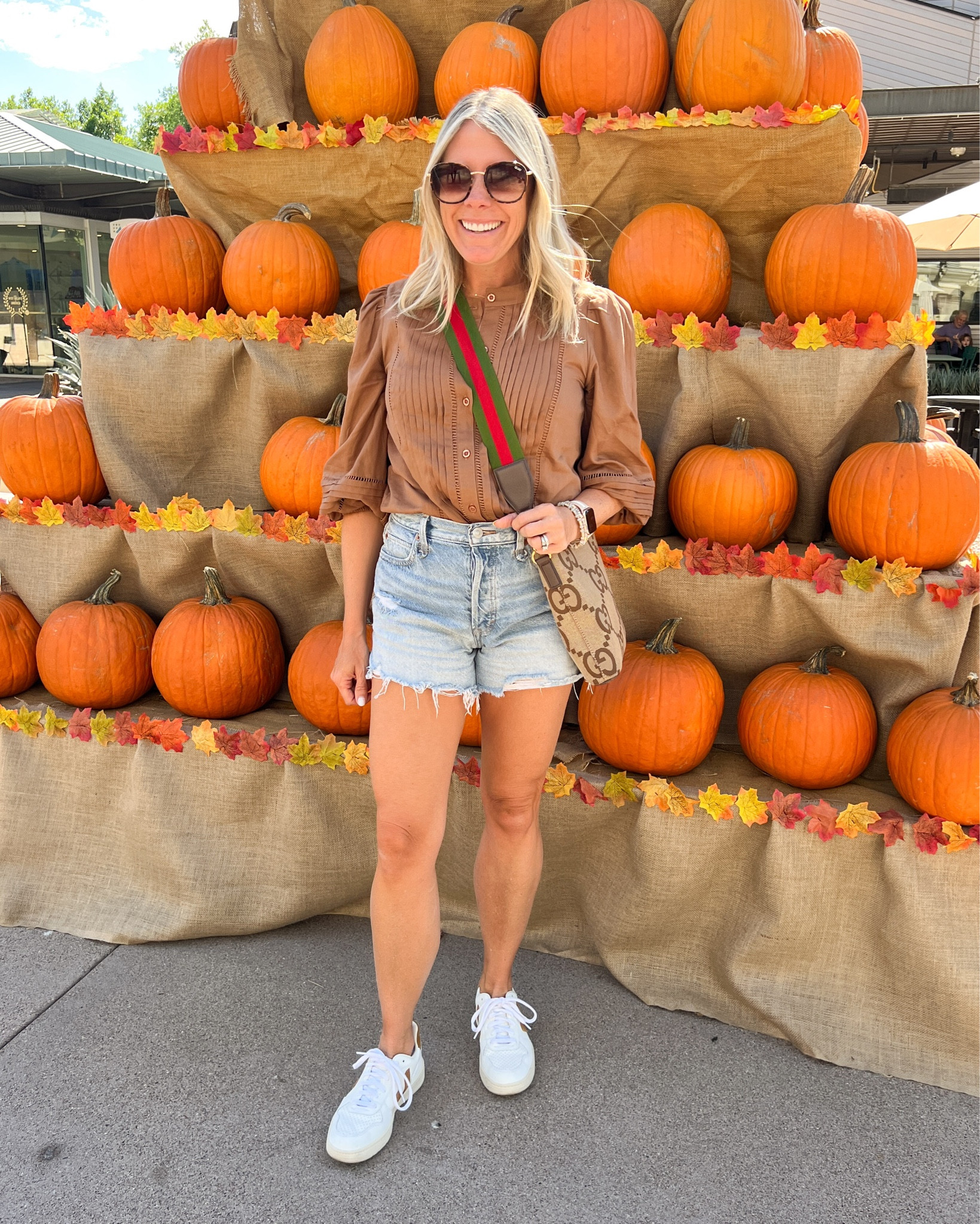 Love this brown fall top with Jean shorts, round sunglasses and a Gucci bag. Extra small top 26 shorts. Fall outfit ideas fall outfits fall fashion fall tops Evereve vejas v10 

#LTKstyletip #LTKover40 #LTKSeasonal