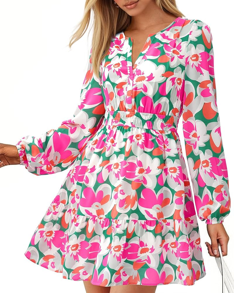 BTFBM Long Sleeve Dress for Women 2026 Spring Summer Mini Elastic Waist Floral Boho Beach Vacatio... | Amazon (US)