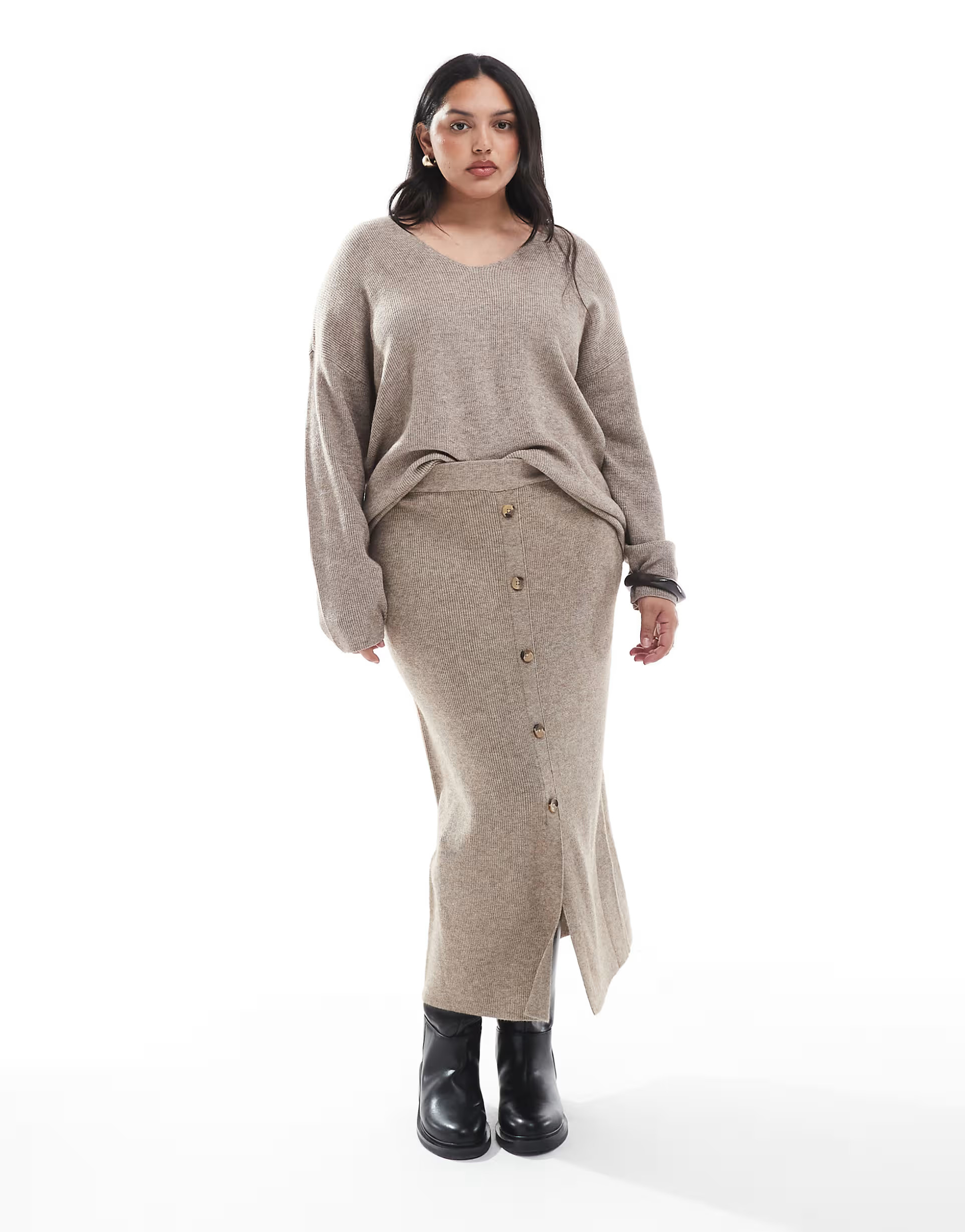 ONLY Curve ribbed midi skirt co-ord in beige | ASOS (Global)