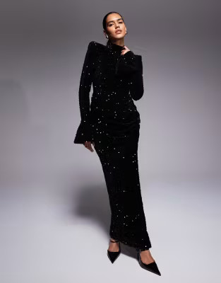 ASOS LUXE velvet sequin maxi dress with drape waist in black | ASOS (Global)