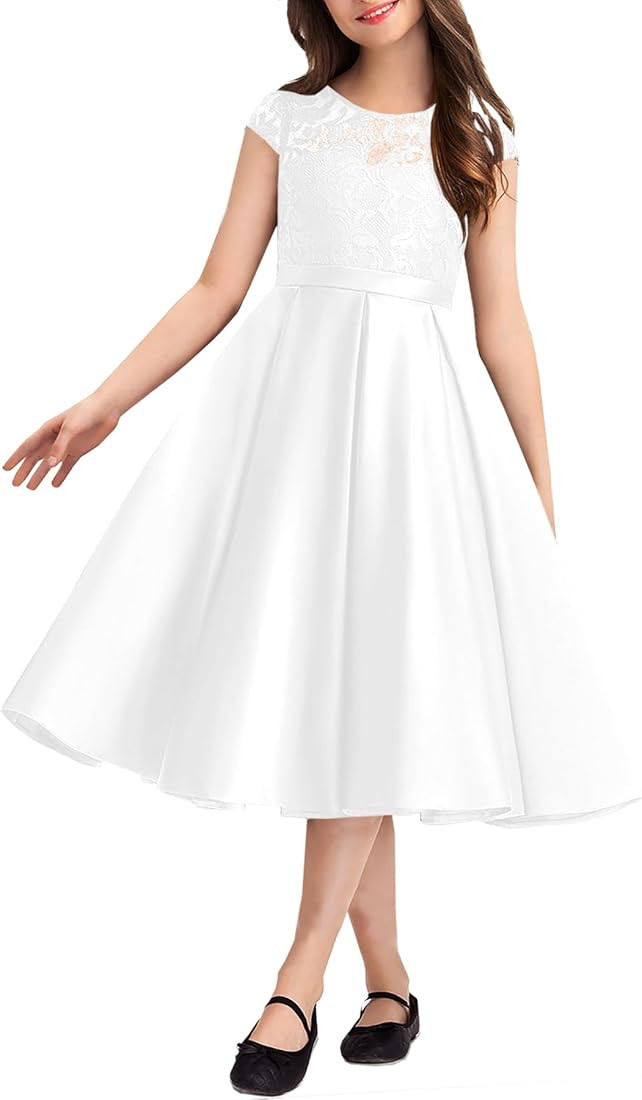 HOSIKA Elegant Flower Girls Dress Lace Satin A-Line Bridesmaid Princess Dresses for Wedding Birthday | Amazon (US)