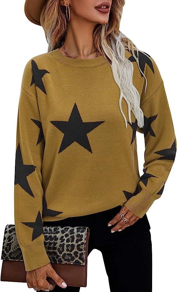 LAISHEN Women's Casual Leopard Print Sweater Loose Long Sleeve Crew Neck Knit Pullover Tops | Amazon (US)