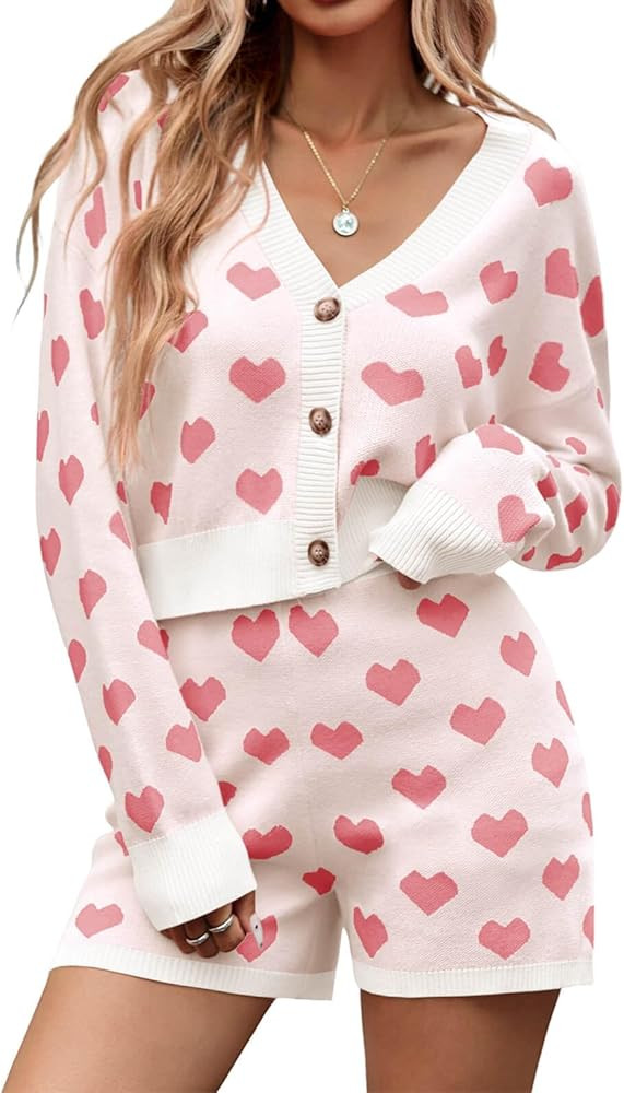 Tankaneo Womens Valentine's Day Sweater Sets Heart Knit Long Sleeve Cropped Cardigan and Shorts 2... | Amazon (US)