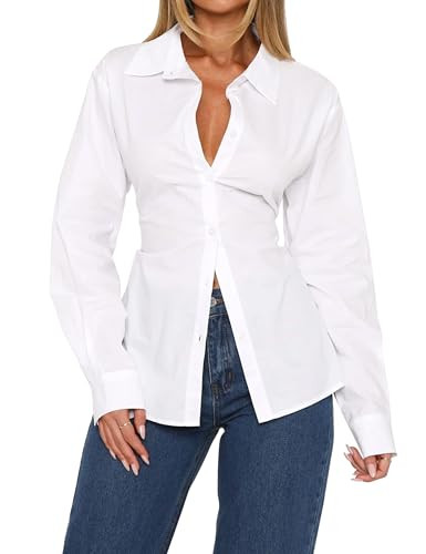 MISSACTIVER Women's Lapel Collar Button Down Shirt Cinch Waist Long Sleeve Casual Work Dressy Tun... | Amazon (US)