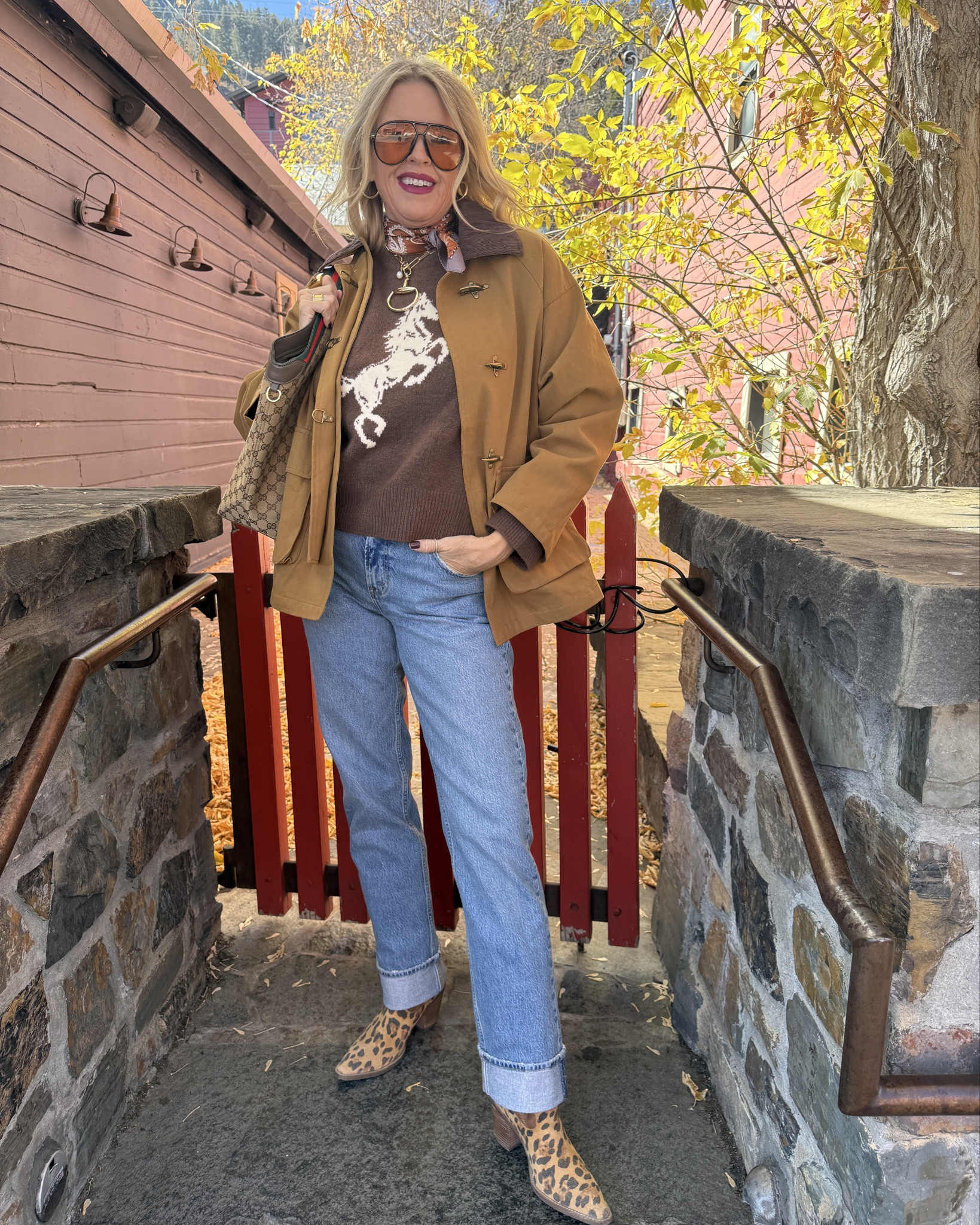 The country estate/western/ Ralph Lauren Fall Vibe outfit 

Equestrian Horse bit Necklace 
Handmade comes in Hold and silver 

Horse sweater Abercrombie Finch  sweater so soft and tts wearing a med 

Abercrombie straight leg Jeans with a cuff  I sized up one size 

Barn jacket a Amazon find that is so good it looks and feels designer  under $50
Fits tts 

Leopard and suede cowboy boots  tts 

Gucci bag 


#LTKOver40 #LTKStyleTip #LTKSaleAlert