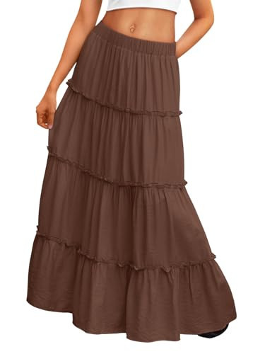 Trendy Queen Brown Skirt Summer Outfits Boho Maxi Skirts Swing Tiered A-Line Elastic High Waist Dress with Pockets Fashion Brown XL | Amazon (US)