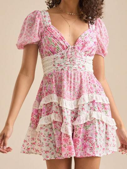 Women Y2k Lace Floral Patchwork Mini Ruffle Dress V Neck Tie Back Puff Short Sleeve  A Line Short... | SHEIN