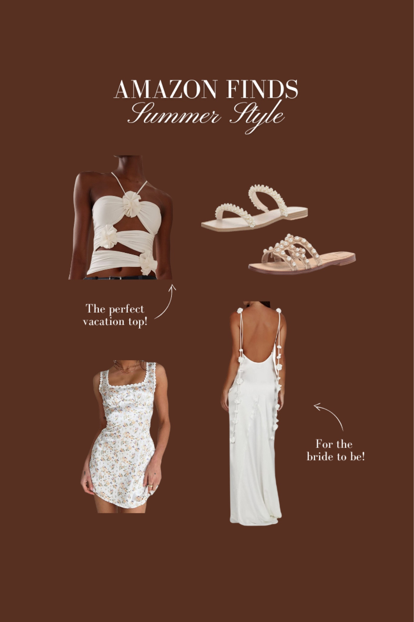 Loving these summer finds from #Amazon! 🐚 A gorgeous white dress for a bride to be, a floral satin dress for brunch and the perfect rosette top for a vacation. I also included these pearl sandals that goes with any outfit. #AmazonFinds #SummerStyle #SummerFashion 

#LTKunder50 #LTKFind #LTKunder100