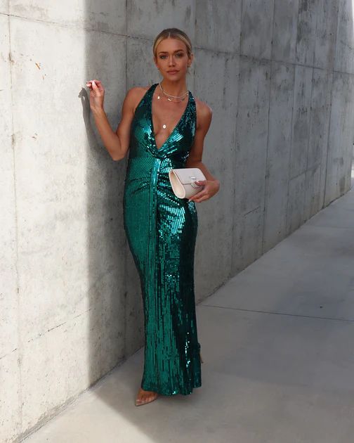 Endless Power Sequin Plunge Neck Maxi Dress - Emerald | VICI Collection