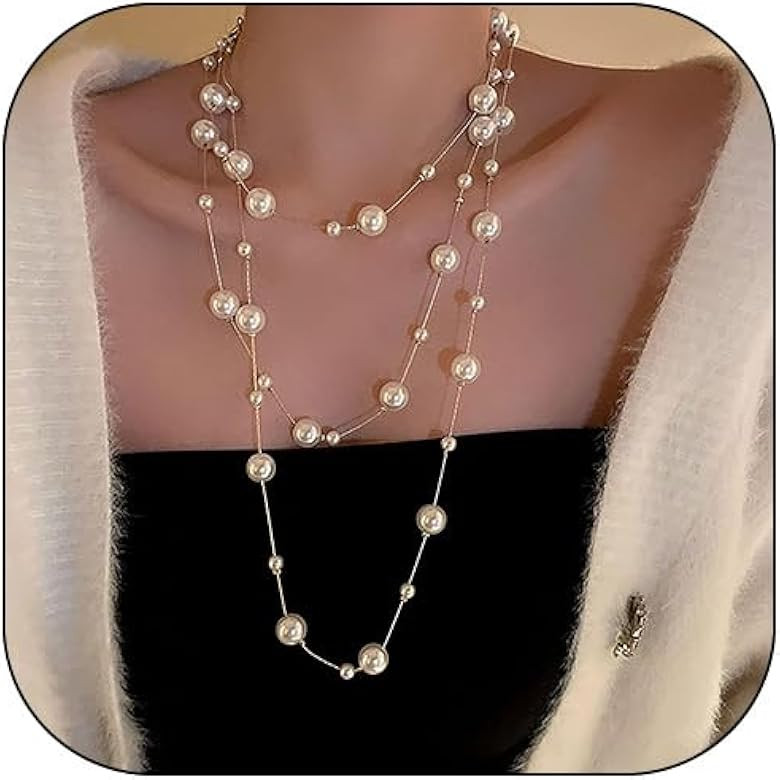 Long Pearl Necklaces for Women Black Lariat Necklace for Women Layered Boho Necklace Trendy Layer... | Amazon (US)