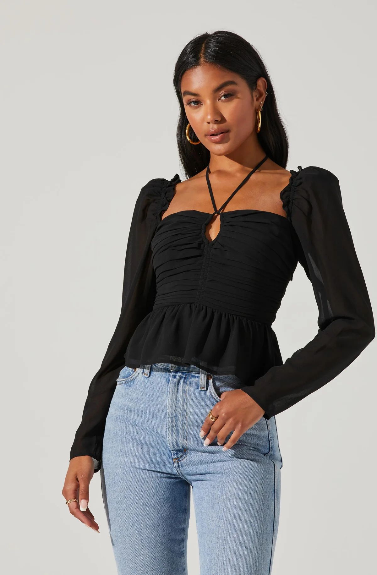 Toni Ruched Halter Long Sleeve Peplum Top | ASTR The Label (US)
