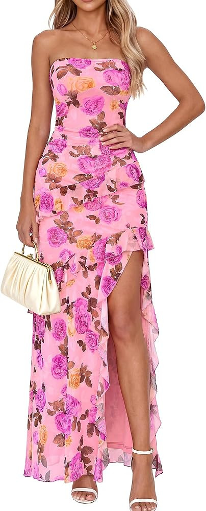 BTFBM Off The Shoulder Dresses for Women Summer 2026 Strapless Ruffle Slit Formal Wedding Guest D... | Amazon (US)