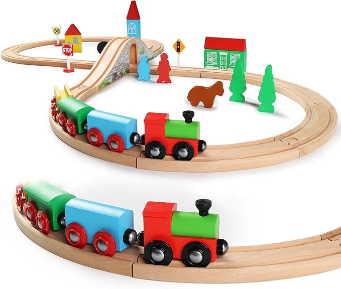 SainSmart Jr. Wooden Train Set for Toddler with Double-Side Train Tracks Fits Brio, Thomas, Melis... | Amazon (US)