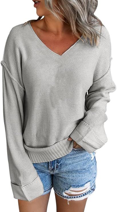 Womens V Neck Lightweight Sweaters Warm Long Sleeve Loose Fit Casual Tunic Knit Tops Pullovers | Amazon (US)