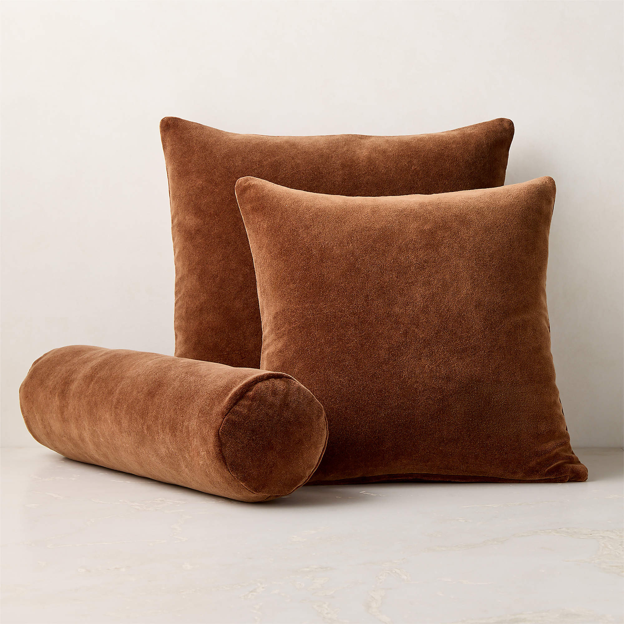 Encino Sienna Brown Organic Cotton Stonewashed Velvet Throw Pillow with Down-Alternative Insert 2... | CB2
