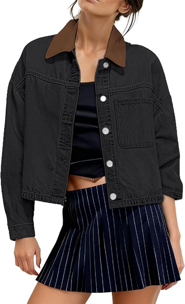 Omoone Women's Denim Jakcet Cropped Oversized Jean Jackets Color Block Patchwork Collar Long Slee... | Amazon (US)
