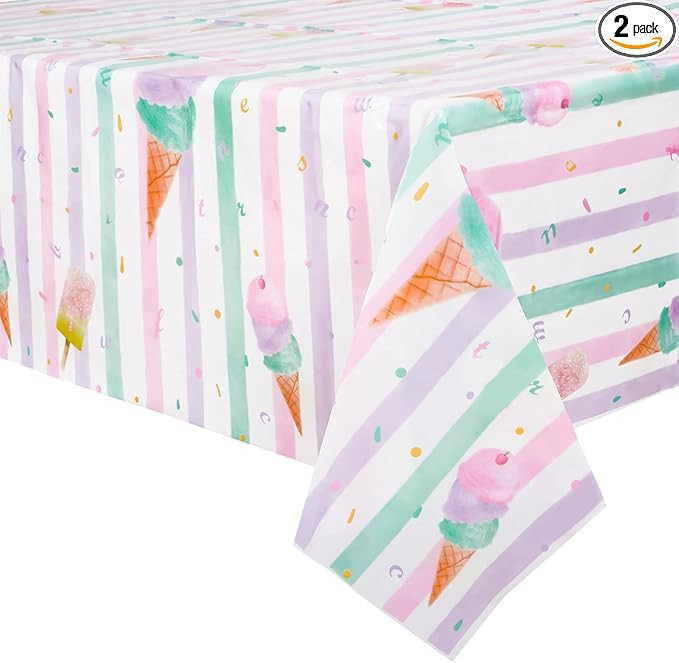 WERNNSAI Ice Cream Party Table Cover - 2PCS 54” X 108” Disposable Rectangular Plastic Tablec... | Amazon (US)