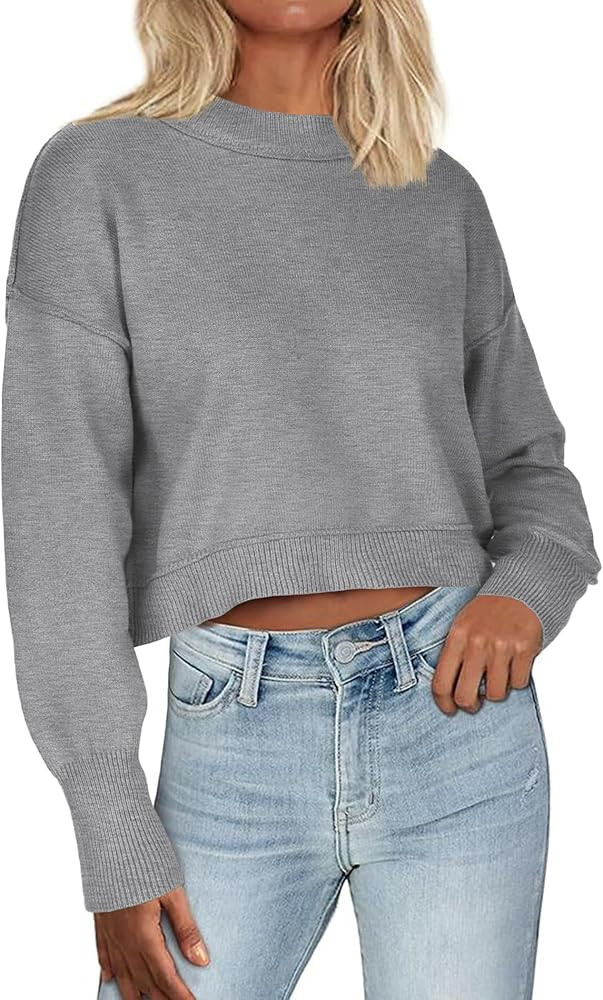 Zeagoo Womens 2024 Fall Crewneck Cropped Sweater Cozy Long Sleeve Ribbed Knit Pullover Dropped Sh... | Amazon (US)