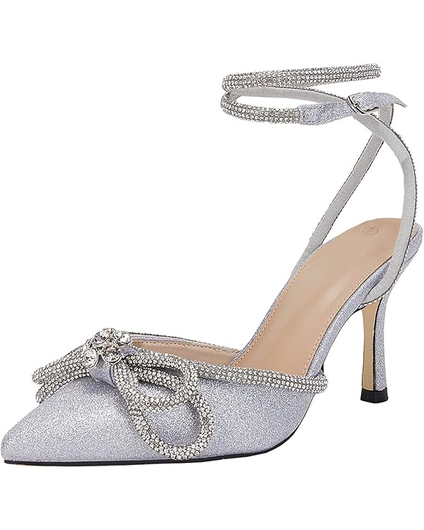 VETASTE Women's Double Bow Pointed Toe Ankle Strap Crystal Pumps Wedding Bridal Party Stilettos B... | Amazon (US)