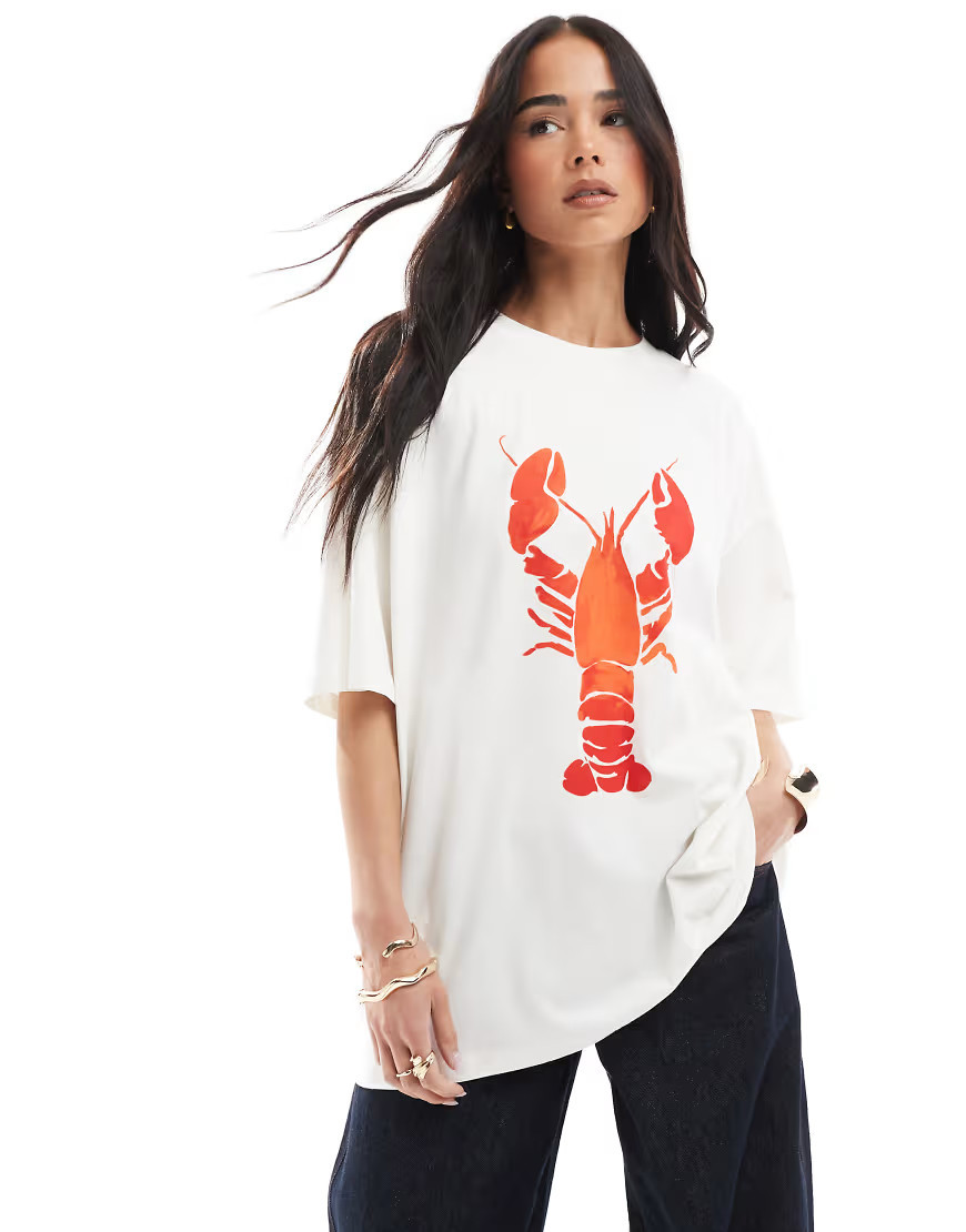 ASOS DESIGN oversized tee with lobster graphic in ecru-White | ASOS (Global)