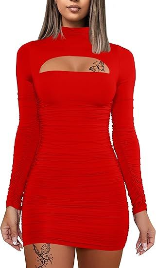 DAAWENXI Women's Sexy Long Sleeve Cut Out Bodycon Ruched Party Club Mini Dress | Amazon (US)