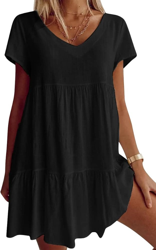 Fangetey Women's V-Neck Tunic Dresses Short Sleeve Button Down Loose Casual Summer Short Flowy Sw... | Amazon (US)