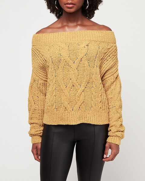 cozy chenille off the shoulder cable pullover sweater | Express