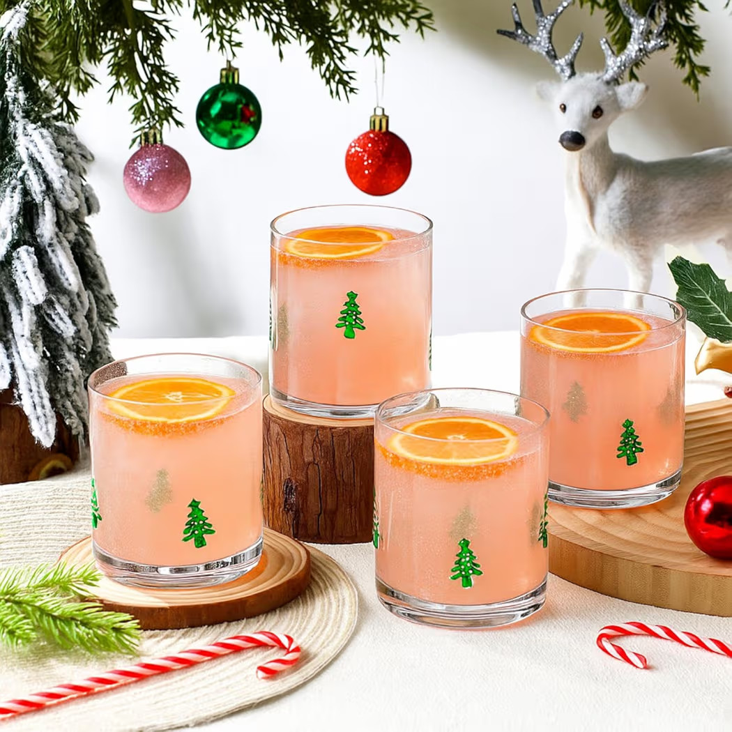 LemonRoad 4 Pcs Christmas Icon Juice Glasses 12 oz Xmas Stemless Wine Glasses Christmas Tree Wrea... | Amazon (US)