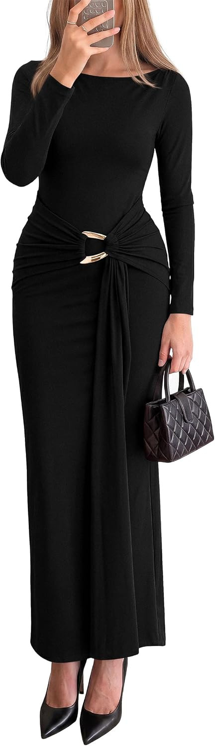 PRETTYGARDEN Women's Long Sleeve Ruched Bodycon Maxi Dress | Amazon (US)